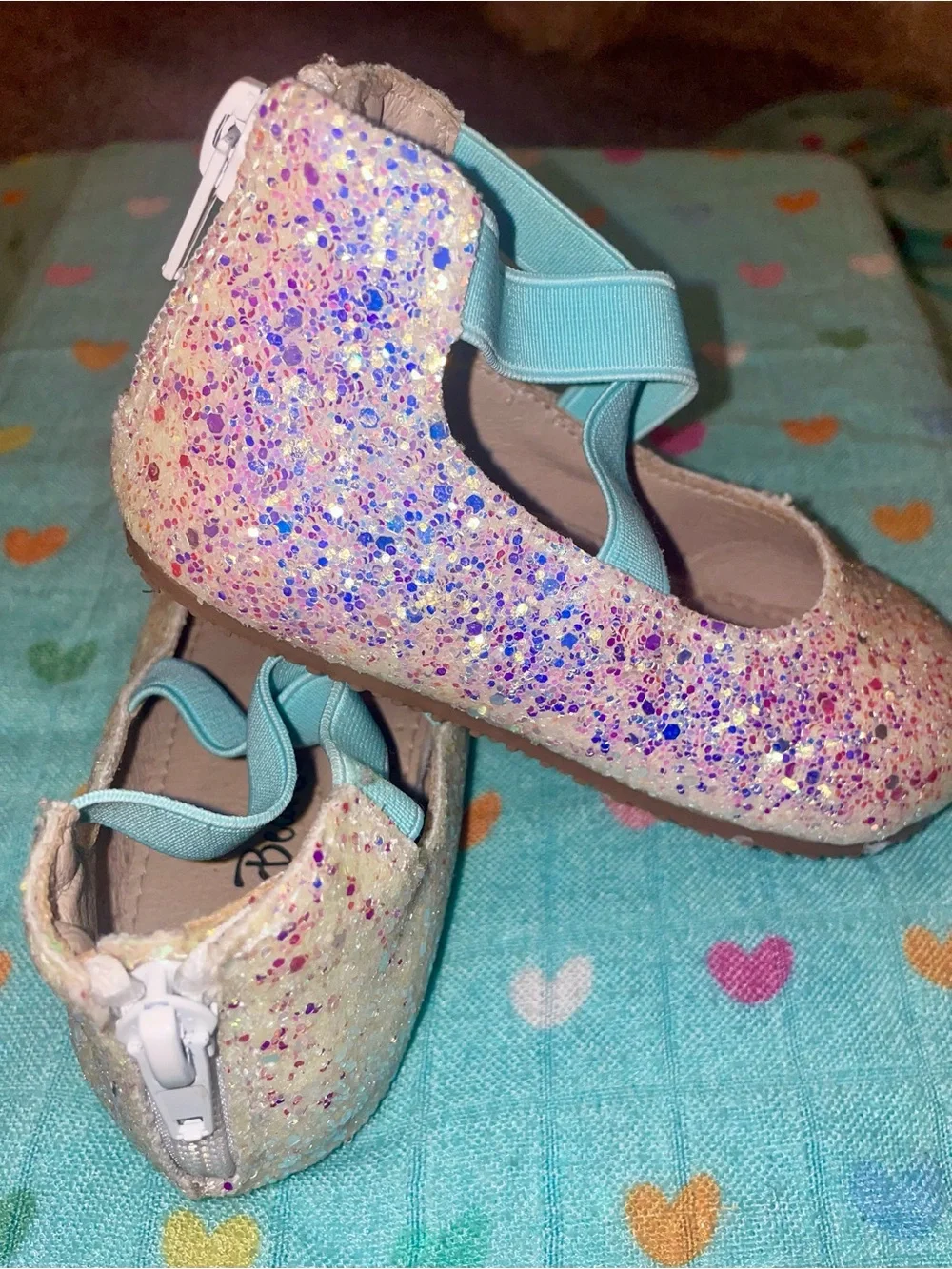 A bear co- Sparkle Glitter Ballet Flats for Kids - Light Blue Straps white shoe